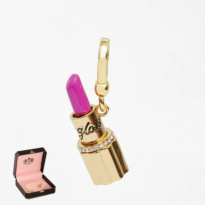 Enamel glazed diamond studded metal letters Barbie pink lipstick rotatable pendant necklace