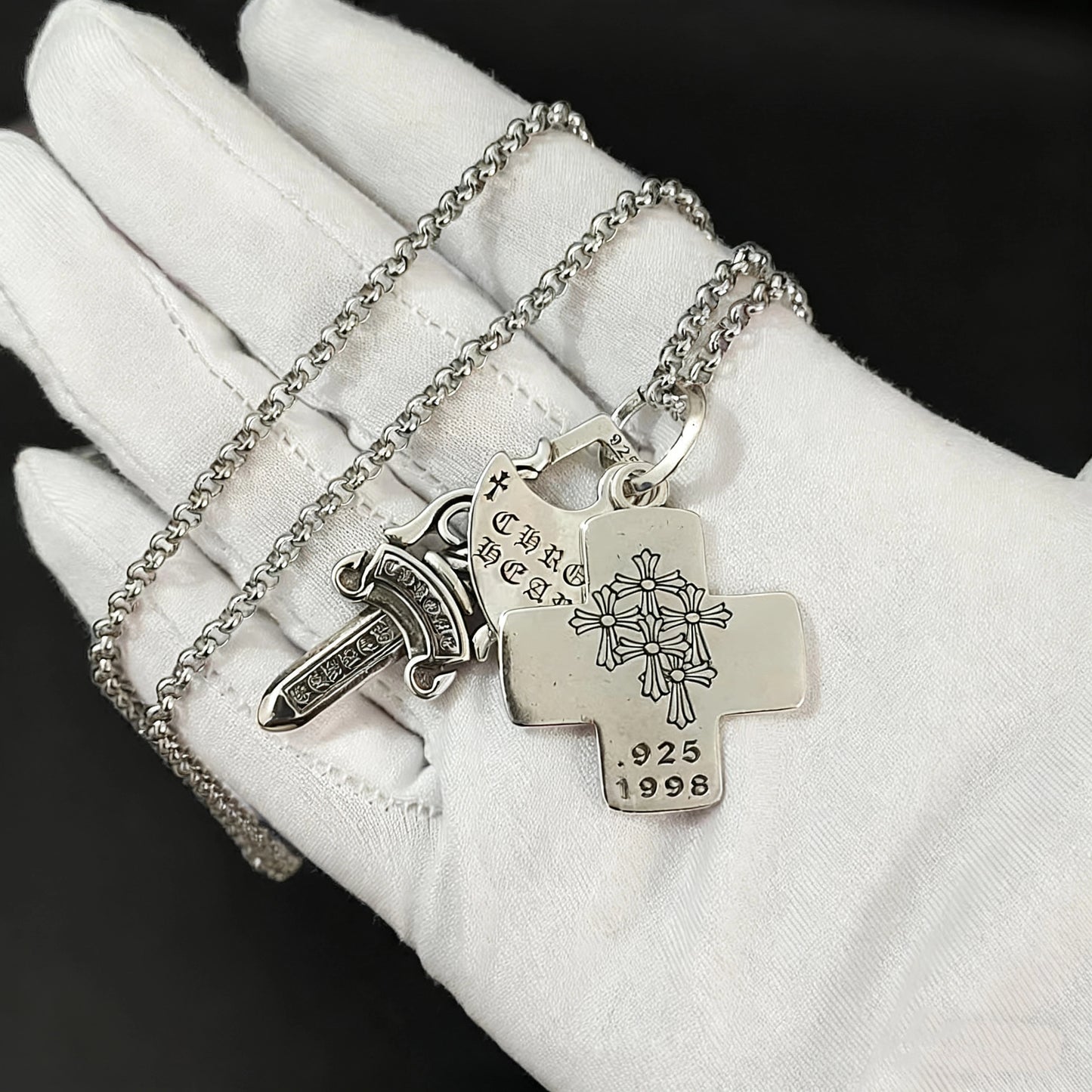 Cross necklace hexagonal star sword boat anchor pendant paired with letter flame pearl chain ﻿