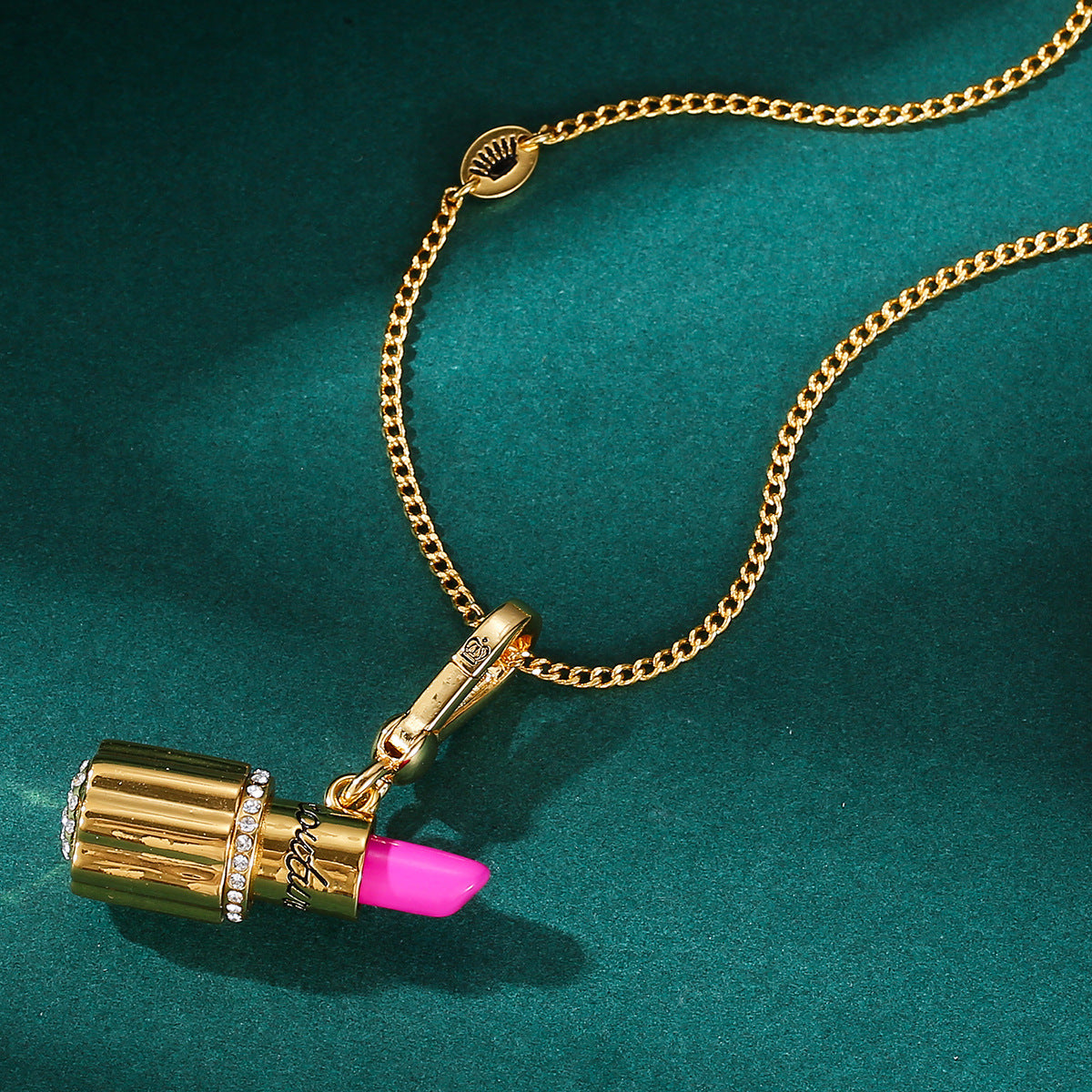 Enamel glazed diamond studded metal letters Barbie pink lipstick rotatable pendant necklace