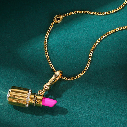 Enamel glazed diamond studded metal letters Barbie pink lipstick rotatable pendant necklace